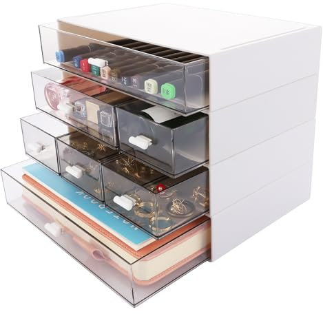 ASelected Desktop Organiser 7 Drawers Stackable Desk Storage Box, Small Plastic Storage Unit With Drawers Plastic Drawers Storage Unit For Home Collection, Makeup, Office Supplies White