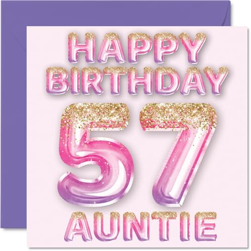 57th Birthday Card for Auntie, Pink & Purple Glitter Balloons | Happy Birthday Cards for 57 Year Old Aunt Aunty from Nephew Niece, 145mm Bday Greeting Cards Gift