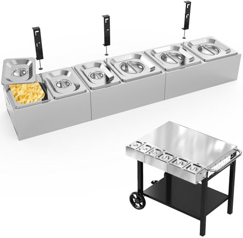 Pizza Topping Station, Toppings Containers with Lids Universal Condiment Serving Tray for Ooni Pizza Oven Accessories Outdoor Cart Table Grill Stand,304Stainless Steel 6 Seasoning Containers with Lid