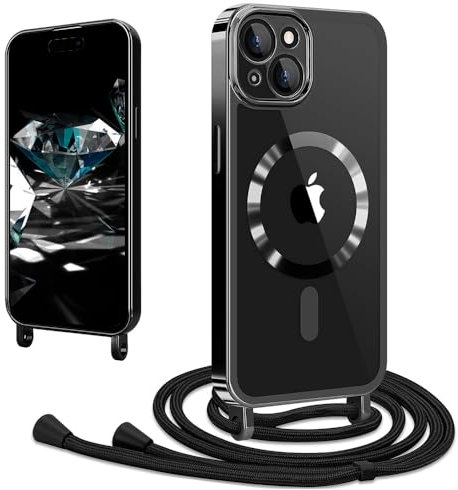 CaseLover Coque avec Cordon Compatible avec iPhone 13, Coque Magnétique de Cellulaire Corde Transparent Silicone Étui en Galvanisé avec Réglable Collier Téléphone Chaîne Lanyard Case Housse, Noir