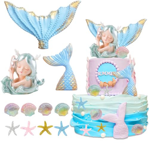 YHUIKXIN Mermaid Cake Toppers Mini Mermaid Figures Ocean Glitter Cake Topper Mermaid Happy Birthday Cake Toppers for Girls Baby Shower Birthday Mermaid Theme Party Supplies