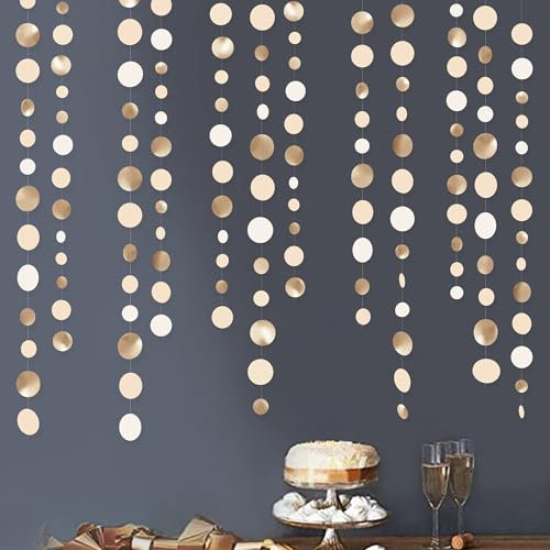 46Ft Champagne Gold Circle Dots Garland Party Decorations Gold Cream Beige Hanging Paper Polka Dots Streamer for Birthday Wedding Bridal Baby Shower Bachelorette Anniversary Boho Party Decoration