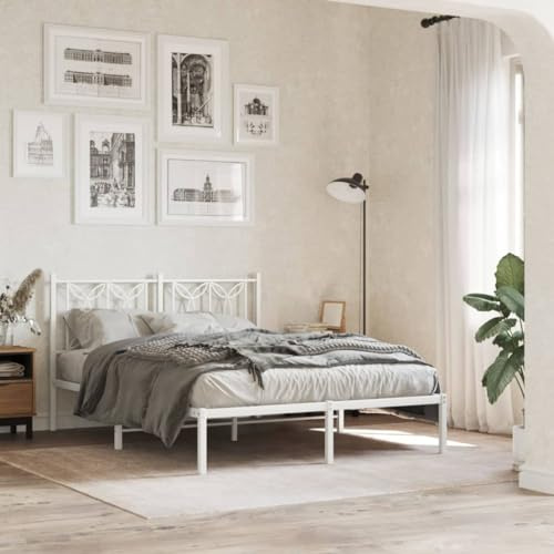 vidaXL Bettgestell, Metallbett Bett mit Kopfteil, Schlafzimmerbett Bettrahmen mit Lattenrost, Doppelbett für Schlafzimmer, Metall Weiß 140x190cm