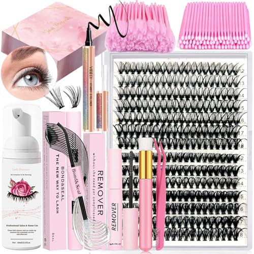 Qiveaory DIY Wimpern Extensions Kit 280Pcs Einzelne Wimpern Cluster 30+40D 12-18mm mit Kleber und Sealer Kleber Entferner Eyeliner WimpernShampoo Brush Wimpern Pinsel Wimpern Pinzette Mini Applikator