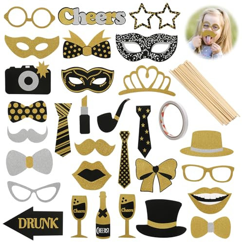 30 accessori per cabina fotografica, in carta, divertenti, colore nero e oro, accessori universali per compleanni, lauree, matrimoni, festival
