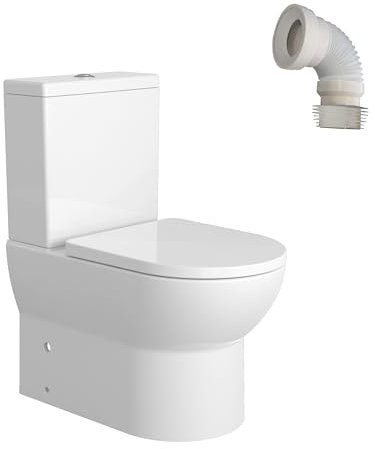 BAIKAL Pack Inodoro T4 + Manguito Extensible 150-470mm. WC Compacto a Suelo con Sistema Rimless y cisterna Monobloque de Doble Descarga. Sanitario con Salida Dual y Asiento con caída Amortiguada
