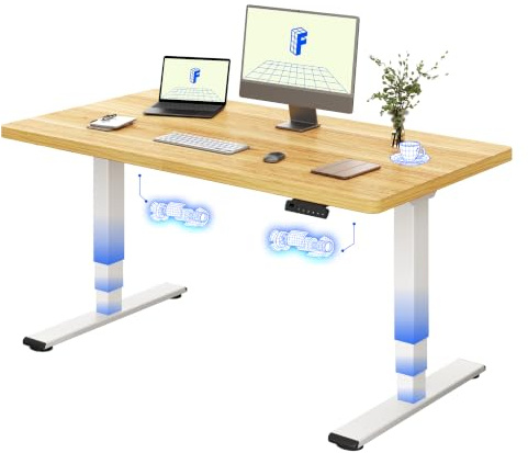 FLEXISPOT E5 Electric Standing Desk 2 Motors 3 Stage 140 * 80CM One Piece Desktop Height Adjustable Desk with Memory Smart Panel, Anti-collision System, White+Maple