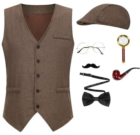 GRAJTCIN Detektiv-Kostüm-Set Sherlock Holmes für Erwachsene, Herren, Halloween, Cosplay, 7-teilig, Braun, M