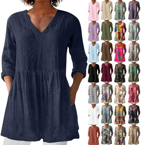 Leinenbluse Damen, Blusenshirt Langarm Sommer Leinen Shirt Sommerblusen Leicht Strand Tunika Luftig Boho Elegante Oberteile Tshirt Longshirt Blusen & Tuniken Für Damen