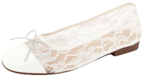 AARZ LONDON Womens Elegant Lace Ballet Flats Comfort Lightweight Breathable Slip-On Ladies White Shoes with Bow Accent Size 6 UK 39 EU