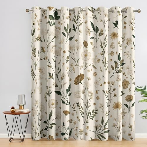 Generisch Wildblumen Vorhänge Blickdicht Gardinen mit Ösen, Vintage Floral Deko Muster Wohnzimmer Schlafzimmer Fenster Verdunklungsvorhänge, H 137 x B 117 cm 2er Set (6S4-101)