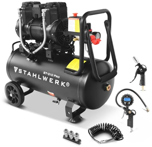 STAHLWERK Compresseur avec cuve 30 L (ST-310 Pro) – kit avec accessoires – sans huile & silencieux, 8 bar, 1,97 CV, 1,45 kW, 250 l/min, 70 dB, Compresseur à pistons silencieux sans balais