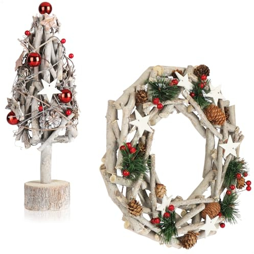 com-four® 2-teiliges Set Tischkranz Ø 28 cm & Deko-Weihnachtsbaum 40 cm | Adventskranz aus Naturzweigen mit Sternen und künstlicher Baum - Weihnachtsdeko für Tisch & Innenbereich