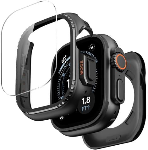 MoKo Funda Metálica para Apple Watch Ultra 3/2/1 49 mm - Protector de Pantalla de Cristal Templado, Protector Lateral y Trasero Resistente, Protección Completa 360°, Negro