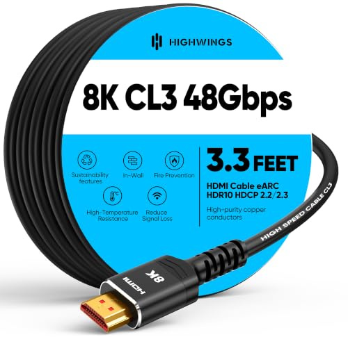 Highwings 10K 8K HDMI Cable 1M/3.3FT,CL3 Rated HDMI Cable,Ultra High Speed | In-Wall CL3 Rated, 8K@60Hz 4K@120Hz Video, 48Gbps, HDMI Lead eARC HDR10 HDCP 2.2/2.3, Compatible Laptop/PC/HDTV/Projectors