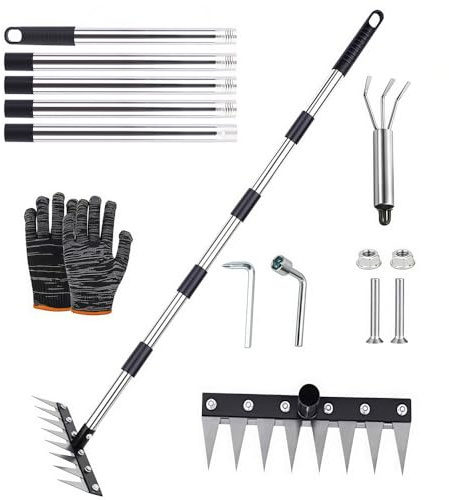 Râteau de Désherbage avec Manche Télescopique 185 cm,8 Dents Rateau Scarificateur en Acier Robuste,Râteau de Désherbage Multifonction en Métal,pour Le Jardin,Le Désherbage,Le Travail du Sol,Le semis