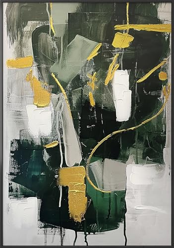 STYLER Leinwandbild Forest 70 x 100 cm mit schwarzem Rahmen – Abstraktes Canvas-Handpainting in Grün & Gold – Modernes Abstract Balance Wandbild