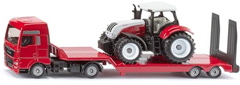 Siku 1764 MAN LKW mit Steyr Traktor 1:87, abnehmbare Kabine, Anhängerkupplung, Metall-Karosserie, Rot-Weiß, Landwirtschafts-Transport-Spielzeug