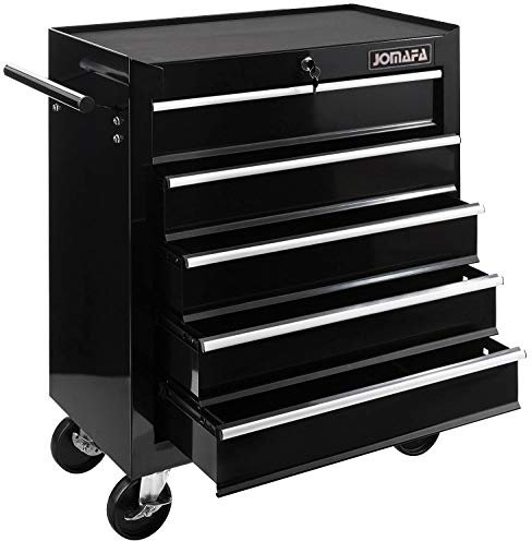 JOMAFA Carro de Taller Caja de Herramientas | 5 cajones | Cerradura por Llave | 4 Ruedas | 2 Ruedas con Freno de Bloqueo | Alfombrillas Antideslizantes