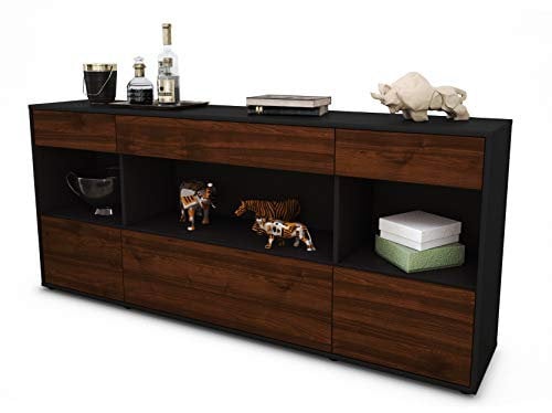 Stil.Zeit Sideboard Fabiana, Korpus anthrazit matt, Front Holz-Design Walnuss (180x79x35cm) Push-to-Open Technik & Leichtlaufschienen