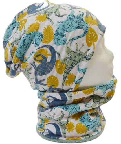 Fleece Loop Schal & Mütze SET | Dinos türkis Wald blau Jungen | für 4-5 - 6-7 - 8 Jahre Kinder warm gefüttert Beanie Kombination