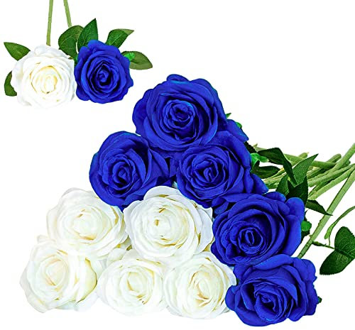 Floralsecret 12 Pezzi Fiori Artificiali Seta Rose Bouquet Fiori Finti a Casa, Matrimonio, Decorazioni per Feste(Bianco, Blu)