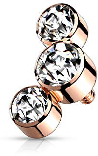 Paula & Fritz® Aufsatz-Dermal Anchor 3 Kristalle Halbmond Rose/klar 316L Chirurgenstahl 1,2-mm Gewinde Haut-Anker Skin Diver Kugel Bodypiercing