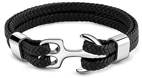 GNOCE Anker Lederarmband für Männer Geflochtenes Echtlederarmband mit Edelstahl Punk Handgelenk Manschette Armband Geschenk für Männer (Schwarz, 21)