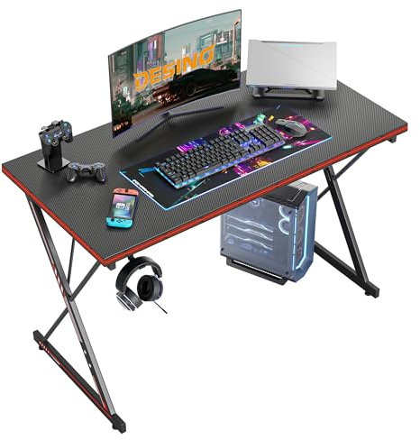 DESINO Gaming Schreibtisch, 120 x 60 cm Ergonomischer Computertisch, Tisch mit Kohlefaseroberfläche, stabiles Kopfhörerhaken zum Spielen, Lernen, Zuhause, Schlafzimmer, Schwarz