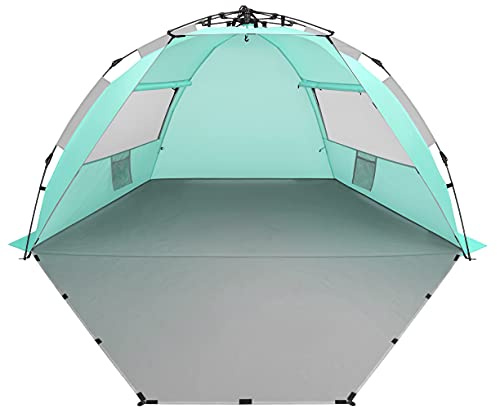 Oileus X-Large 4 Personen Strandzelt Sonnenschutz - Tragbarer Sonnenschutz Instant Zelt für Strand mit Tragetasche, Heringe, 6 Sandtaschen, Anti-UV für Angeln, Wandern, Camping, wasserdicht, Hellgrün