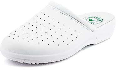 JOMIX Weiß Clogs & Pantoletten für Damen Berufsschuhe Kochschuhe Bequeme Sanitär-Clogs Medizinische Gartenschuhe Leder Fußbett (01 Weiß, 38 EU)