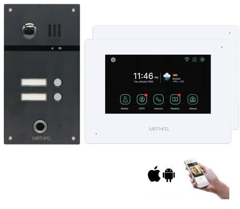 MATHFEL 2 Familienhaus 4 Draht Video Fingerprint Türsprechanlage Gegensprechanlage Fischaugenkamera 170 Grad, 2x7'' Monitor WLAN