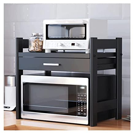 XIEAE 2 Tier Carbon Steel Microwave Shelf with Drawer Countertop Microwave Stand with Drawer Built-in Partition Storage Box