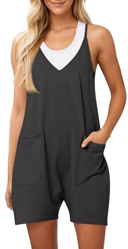 Ebifin Damen Latzhose Kurz Arbeitshose Sommer Lose Overall Jumpsuit Ärmelloser Latzhosen mit Große Taschen.Dunkelgrau.M