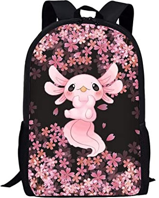 Belidome Kinder-Schulrucksack mit seitlichen Netztaschen, große Büchertasche, Tagesrucksack, Schulterrucksack, Axolotl Kirschblüte, Einheitsgröße