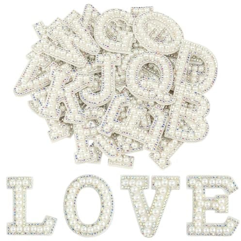 Morcheiong 26Pcs Pearl Rhinestone Letter Patches Self Adhesive A-Z, Stick on Pearl Letter Patches for Clothes, Fabric, Backpack (Multicolor)