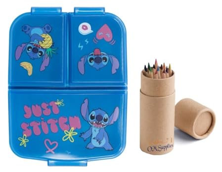 OM SUPPLIES Stitch Palms Reusable Sandwich Lunch Box 3 Multi Compartment Kids Children School Includes Half Size 12pcs Pencil Set (Stitch)