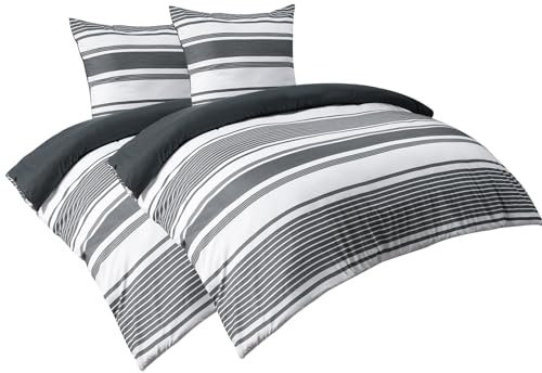 PHF 4teilig Bettwäsche 135x200, Streifen Bettbezüge 135x200 cm mit 2er Kissenbezüge 80x80 cm, Weich und Bügelfrei Dark Grey Bettwäsche 135x200cm aus Mikrofaser mit Reißverschluss Charcoal, Dunkelgrau