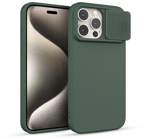 CloudValley Cover per iPhone 15 Pro, Custodia in Silicone Ibrida con Protezione Scorrevole per Fotocamera, Antiurto Militare Anti-Graffio per iPhone 15 Pro 6.1'', Verde