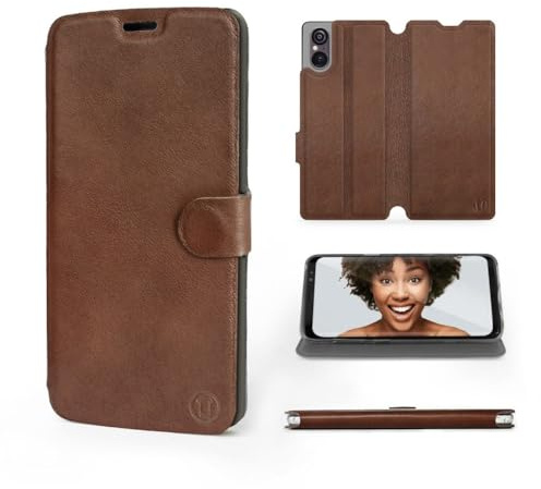 MOBIWEAR | Echt Lederhülle | Kompatibel mit Sony Xperia 5 V, Made in EU handyhülle, Slim Leather Case, Premium Flip Schutzhülle, Transparent TPU Silicon, Book Style, Tasche - Brown Leather
