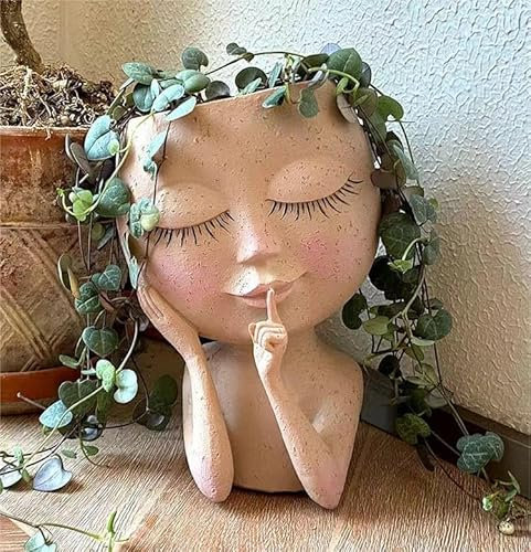 Hakolisz Face Planter Succulent Planters, Flower Pot Head Planter for Indoor Outdoor Plants with Drainage Hole Cute Lady Face Plant Pots(White)