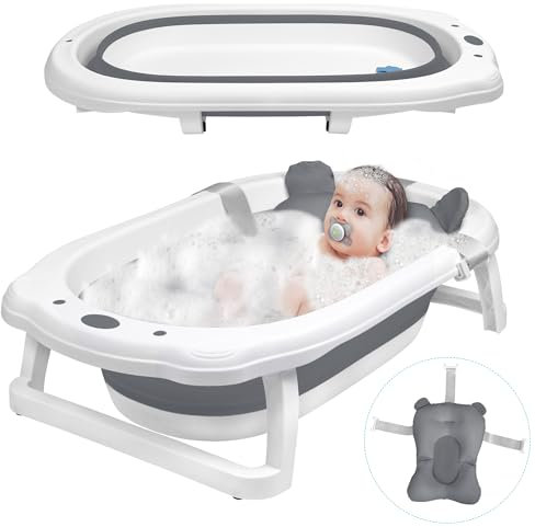 YRHome Faltbare Baby Badewanne Babybadewanne Faltbadewanne Ergonomische Bathtub Kinderwanne 82 x 50 x 20 cm Bath Tub Anti Rutsch mit Abfluss Badewannenkissen für Neugeborene (Anthrazit mit Kissen)