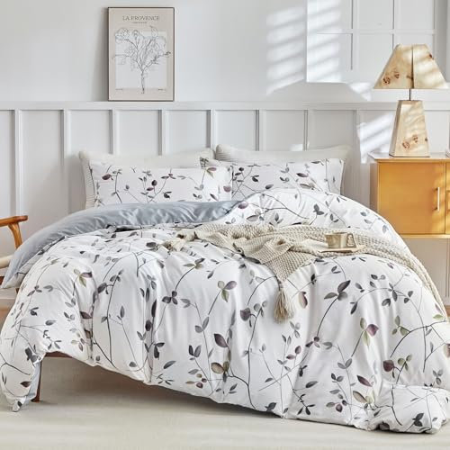Tokokimo Housse de Couette 220x240 avec 2 Taies d'oreiller 65x65 cm - Motifs de Branches et de Feuilles - Parure de lit 220x240 Adulte - 100% Microfibre Parure Couette Fermetures éclair, Blanc Gris
