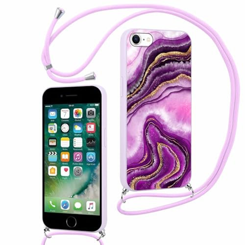 ZhuoFan Handykette für iPhone 8/7/iPhone SE 2022/2020 Hülle mit Band, Aesthetic Lila Marmor Muster Verstellbarer Halskette Handyhülle mit Kordel umhängen Silikon Stoßfest Schutzhülle mit Kette,14