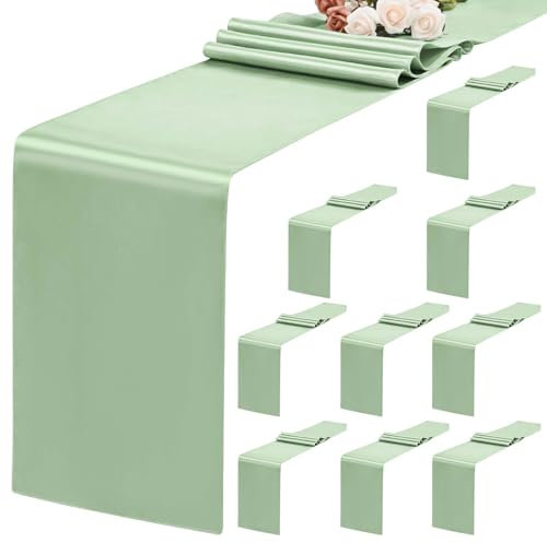 Teruntrue 10er-Pack Salbeigrüner Satin-Tischläufer, 30,5 x 182,9 cm, Einfarbig, Elegant, Polyester Satin, für Esstisch, Hochzeiten, Geburtstagsbankette, Verlobungen, Party-Dekoration