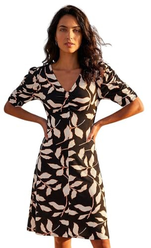 Roman Originals Tea Dress for Women UK Ladies Skater Swing Fit & Flare Flattering Summer Knee Length Frill Hem Ruched Chest Casual Smart Cocktail Party Going Out - Black Natural - Size 16
