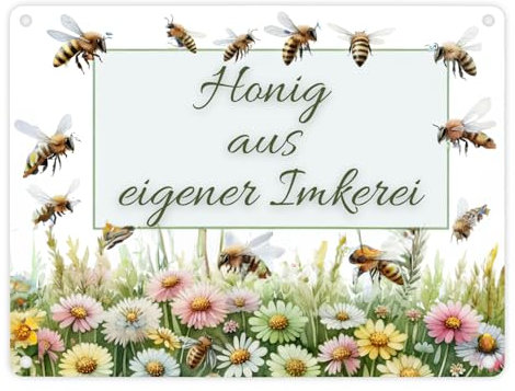 Bienenwiese Metallschild in 15x20 cm mit Spruch Honig aus eigener Imkerei Perfekt für Imker mit Liebe zur Natur Blumenwiese summenden Insekten