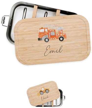 Bärenfreunde Brotdose Edelstahl Kinder personalisiert, Vesperdose Holz | Süße Kindergarten Lunchbox mit Bambusdeckel oder Namen für Kleinkinder, mit Fächern graviert als Geschenk, Dino, Traktor