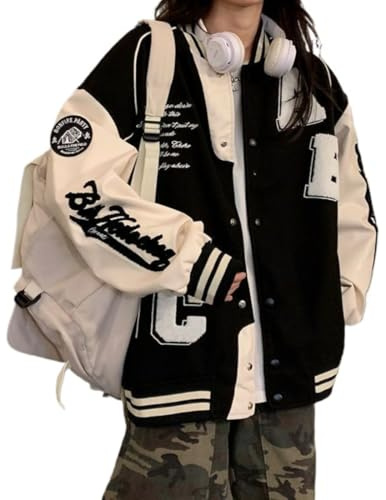 CEINOM Y2k Vintage Bomber Jacket Women Harajuku Fashion College Uniform Varsity Baseball Jackets Oversized Sweatshirt Coat (Black,Medium,Medium)