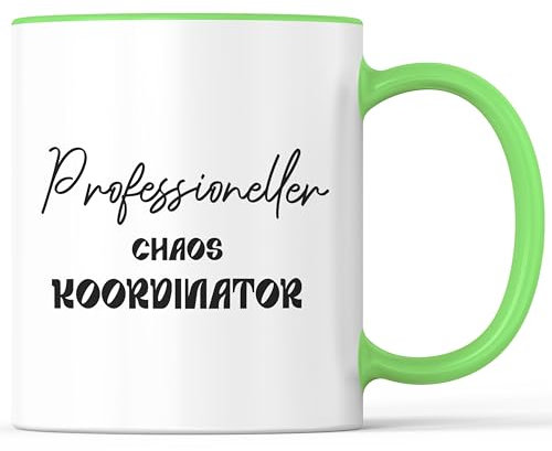 Kaffeebecher mit Spruch Professioneller Chaos Koordinator Chef Aufsicht Erzieher - lustiges Geschenk - Kaffeetasse als Geschenkidee - Becher bzw. Tasse 330ml - Weiß-Grün